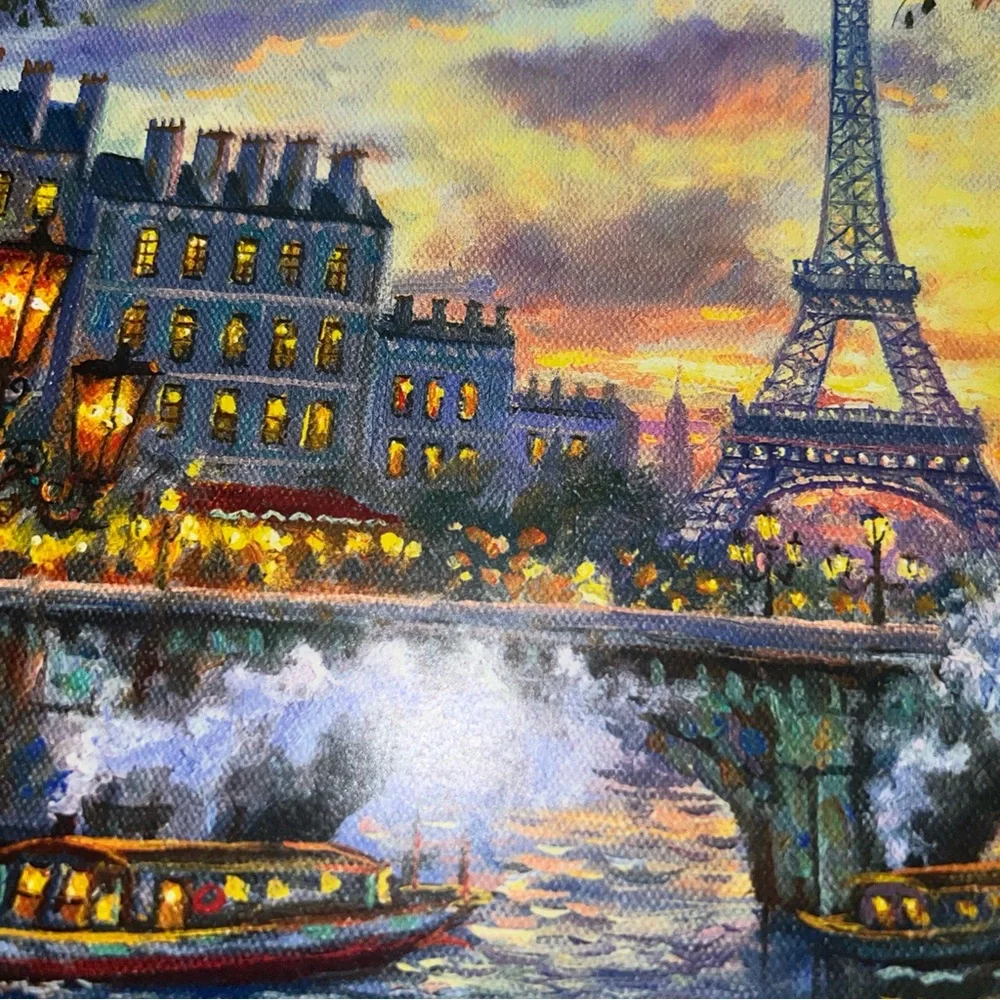 Tea Time in Paris HTF 500 pc Puzzle Stylized Eiffel Tower Bridge Boats Outside - Picture 2 of 10